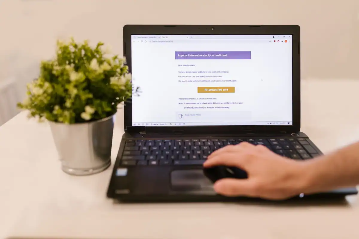 Mână care tastează pe laptop un formular online, lângă o plantă verde