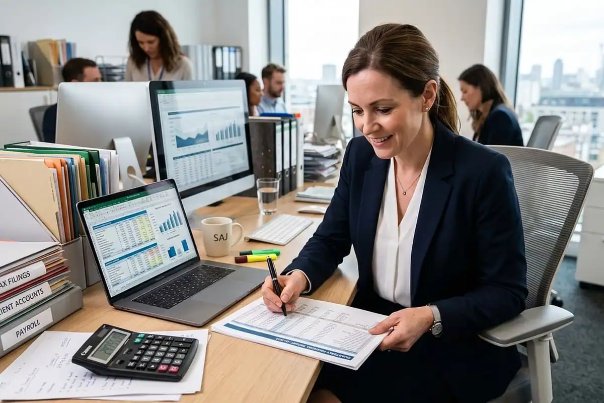 Femeie zâmbitoare notează cifre la un birou cu calculator și laptop