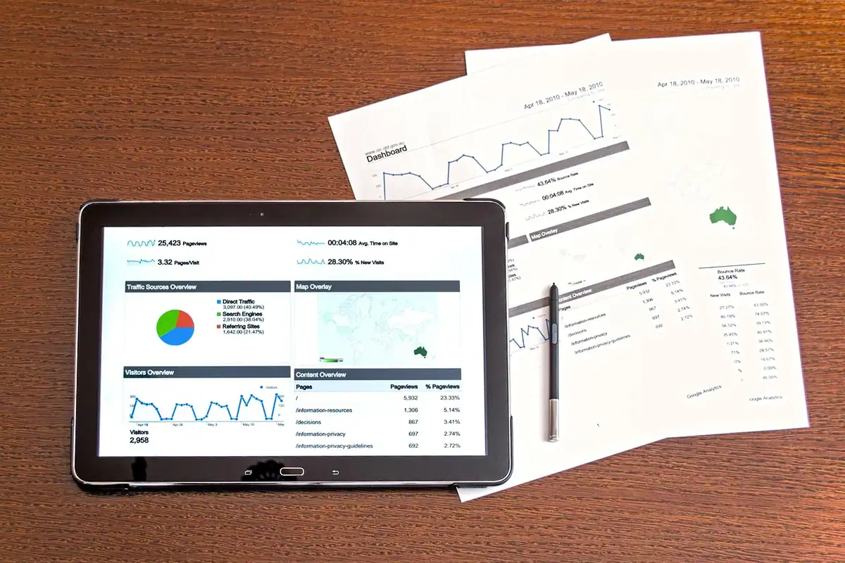 Tabletă cu grafice și foi cu statistici, așezate pe o masă din lemn